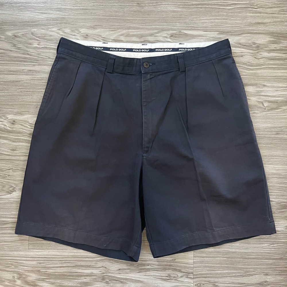 Polo Golf Ralph Lauren Mens 36 Navy Blue Pleated Cotton Chino Shorts Crest Logo